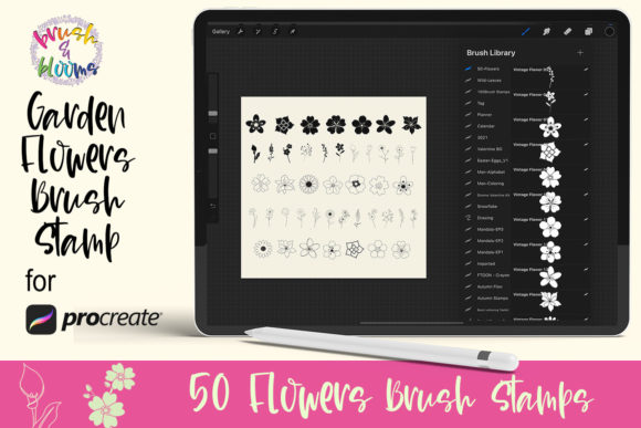 Procreate Brush Stamp 50 Garden Flowers for Instant Design