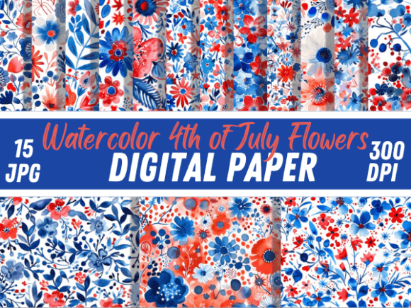 Watercolor 4th of July Flower Pattern: A Festive Design Asset